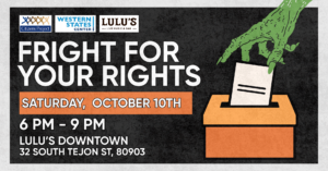 A graphic to promote the Fright For Your Rights event. There is white text with event information on the left. On the right, there is a green hand putting paper into an orange box.