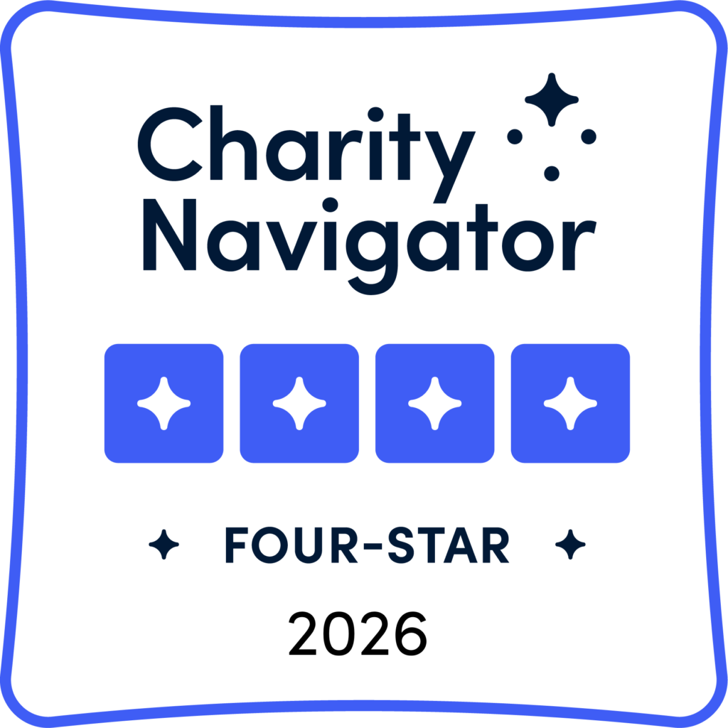 A digital badge that shows a 4 star rating from Charity Navigator for 2026.